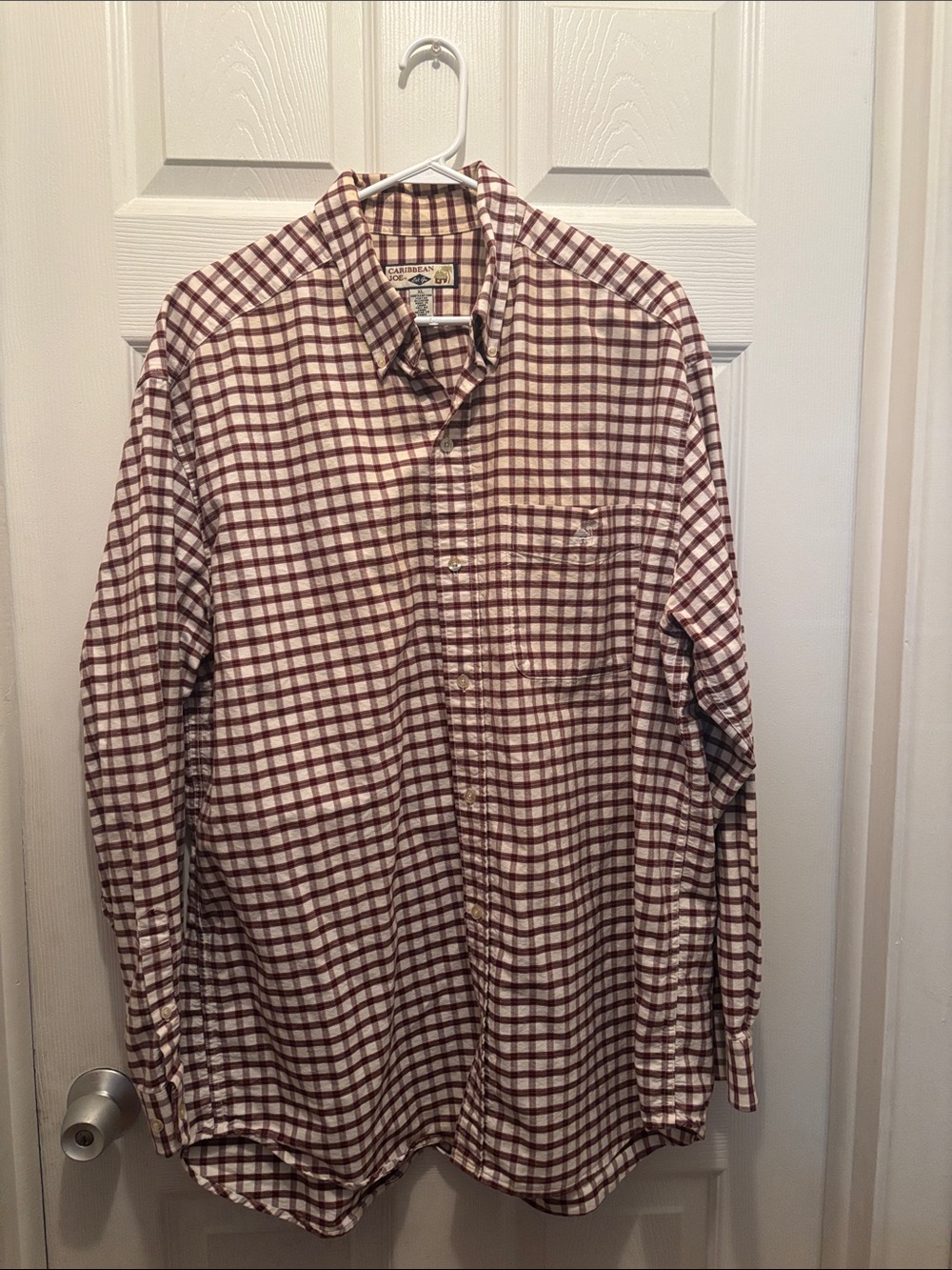 Caribbean Joe Maroon and White Plaid Button-Down Shirt